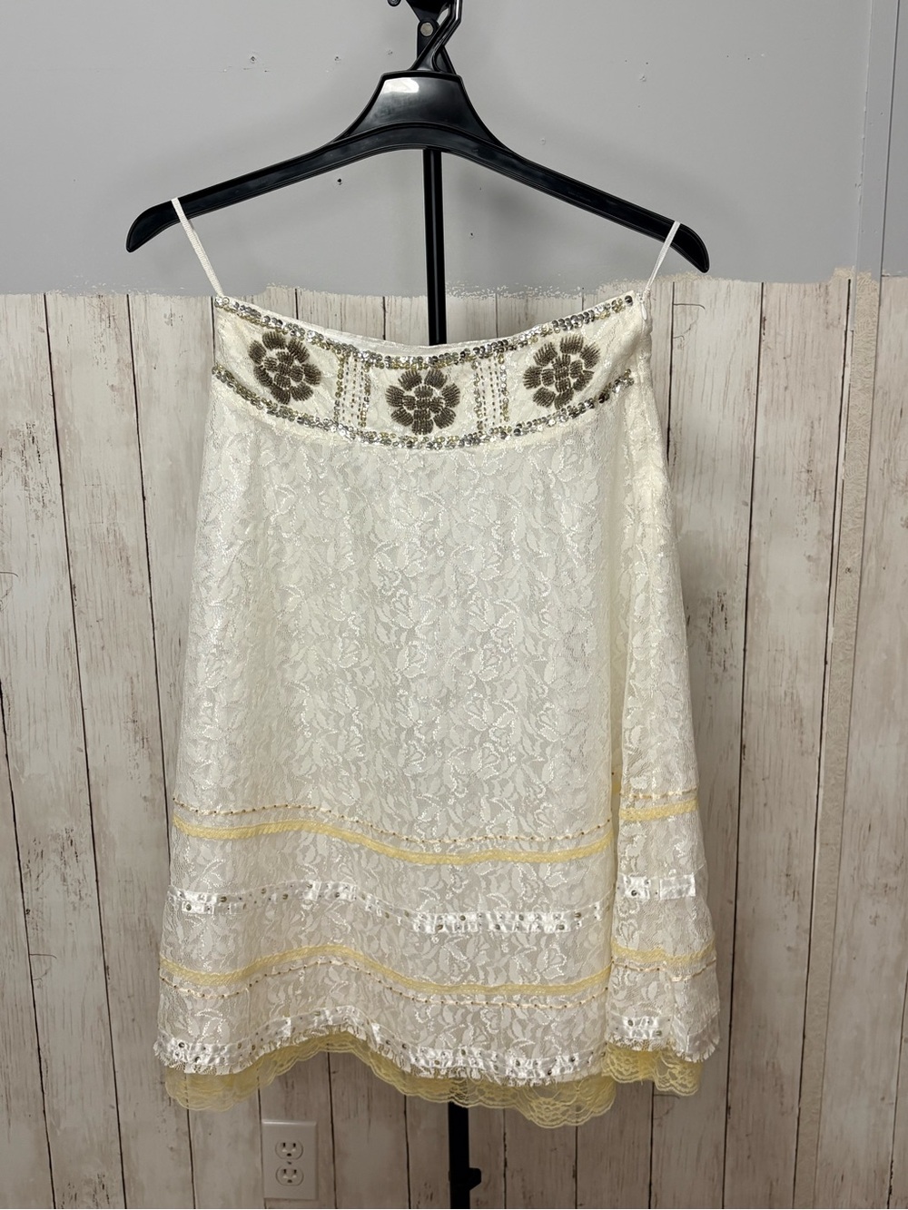 Ivory Lace A-Line Skirt with Gold Floral Waist Detail